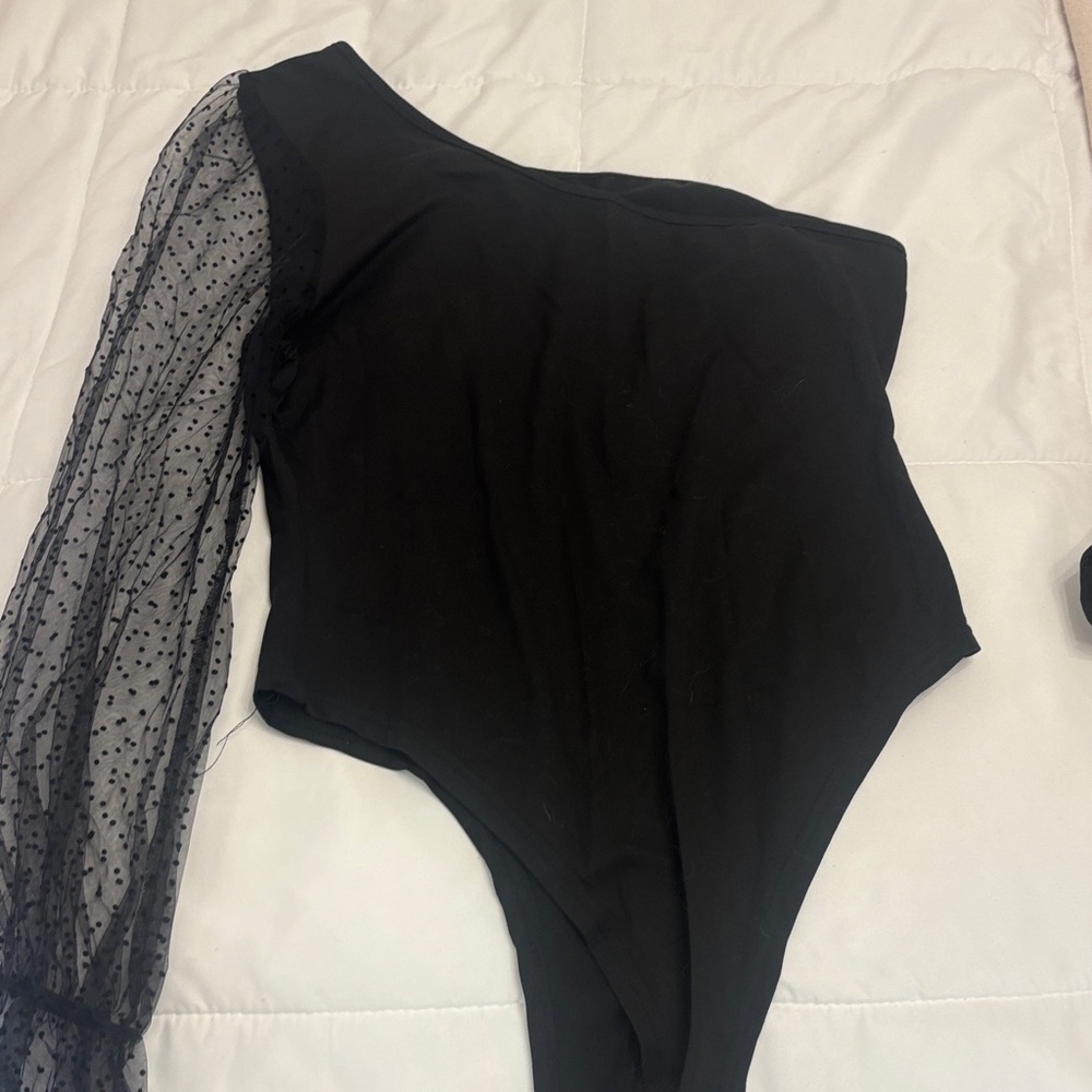 Black One-Shoulder Bodysuit with Sheer Sleeve